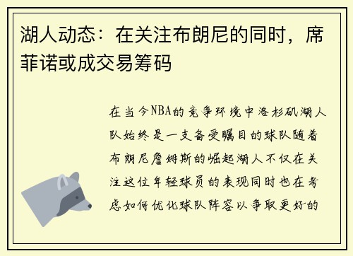 湖人动态：在关注布朗尼的同时，席菲诺或成交易筹码