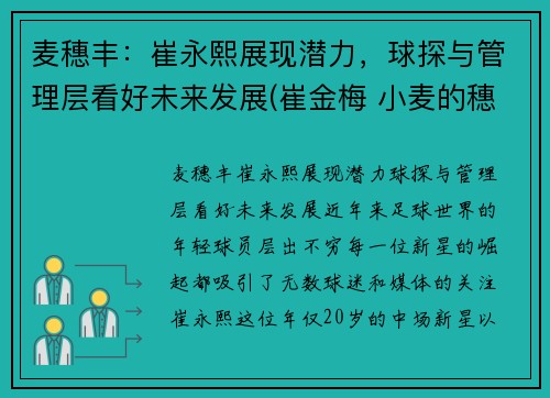 麦穗丰：崔永熙展现潜力，球探与管理层看好未来发展(崔金梅 小麦的穗)